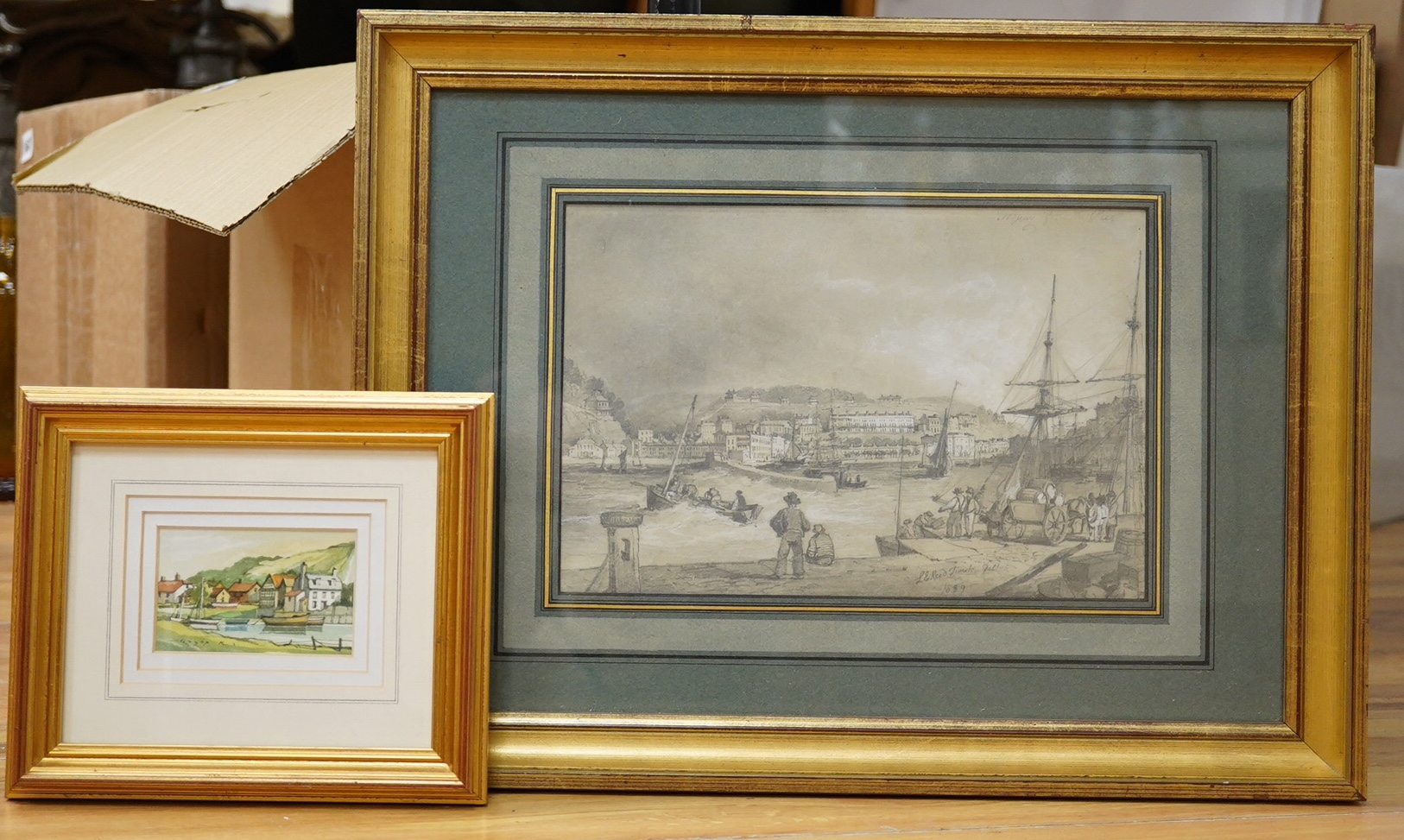 L.E. Reed, pencil and chalk, Torquay Harbour, 1839, together with Hagop K. Kasparian, watercolour, The River Ouse at Lewes, each signed, largest 16.5 x 25cm. Condition - fair to good